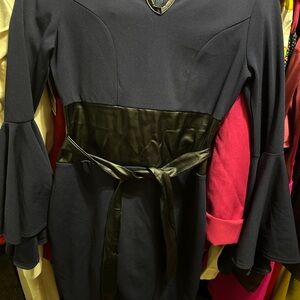 VENUS Black and Blue Sheath Dress with Bell Sleeves